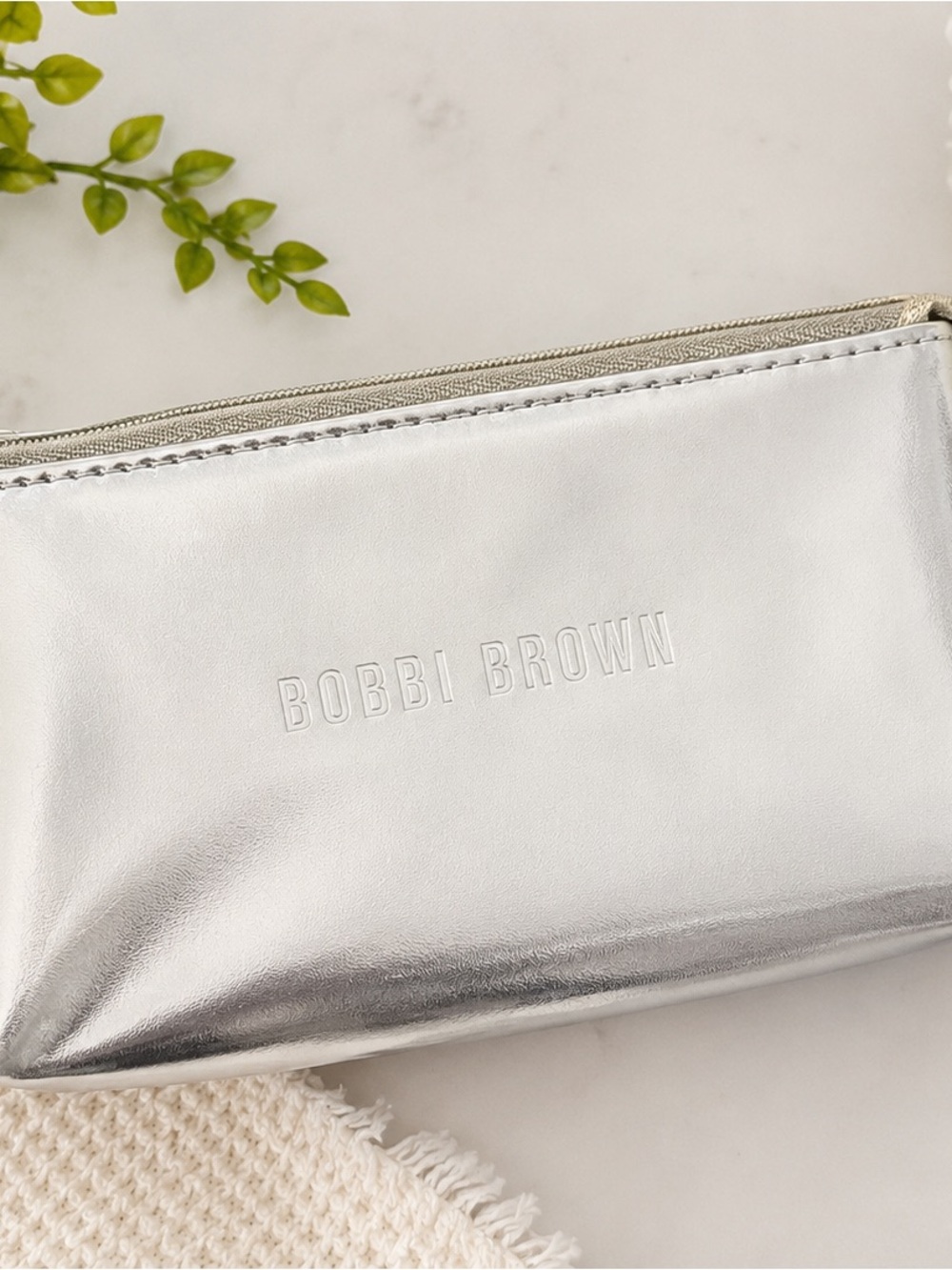 Bobbi Brown Silver Metallic Cosmetic Makeup Bag Zip Pouch Travel Case